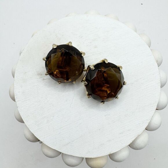 Vintage Smoky Topaz Amber Root beer Glass Large Headlight Clip On Earrings - Picture 4 of 10